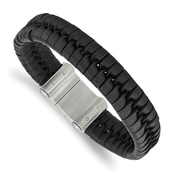 Men's 15mm Stainless Steel & Black Leather Woven Bracelet 8.5 Inch